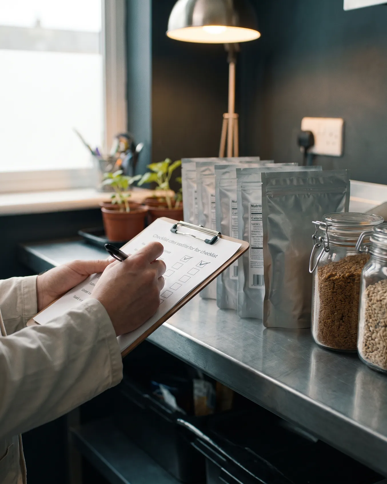 A checklist on a clipboard ticked beside a row of sealed pouches