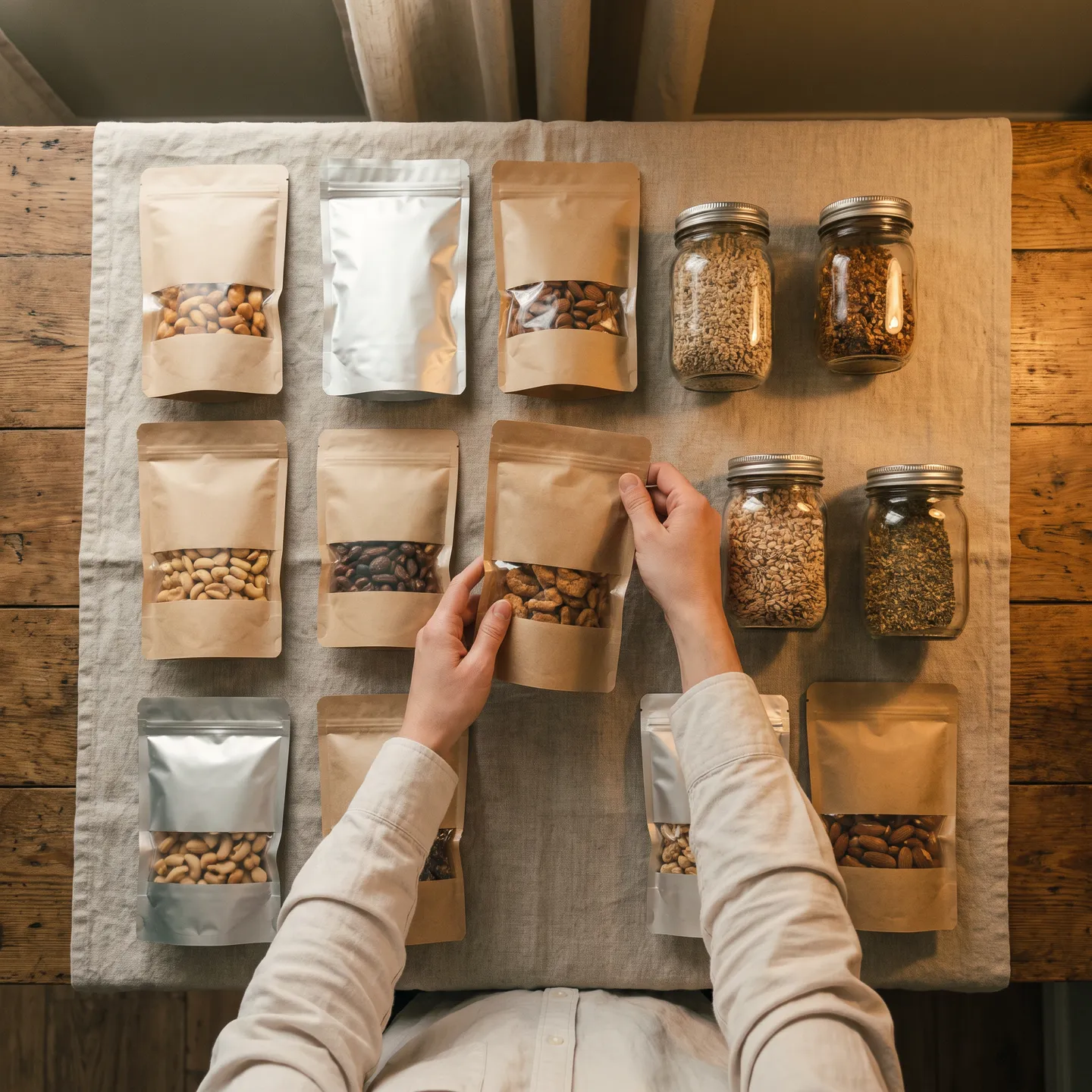 Packaged snacks and jars of ingredients laid out on a linen cloth for kosher ingredient review