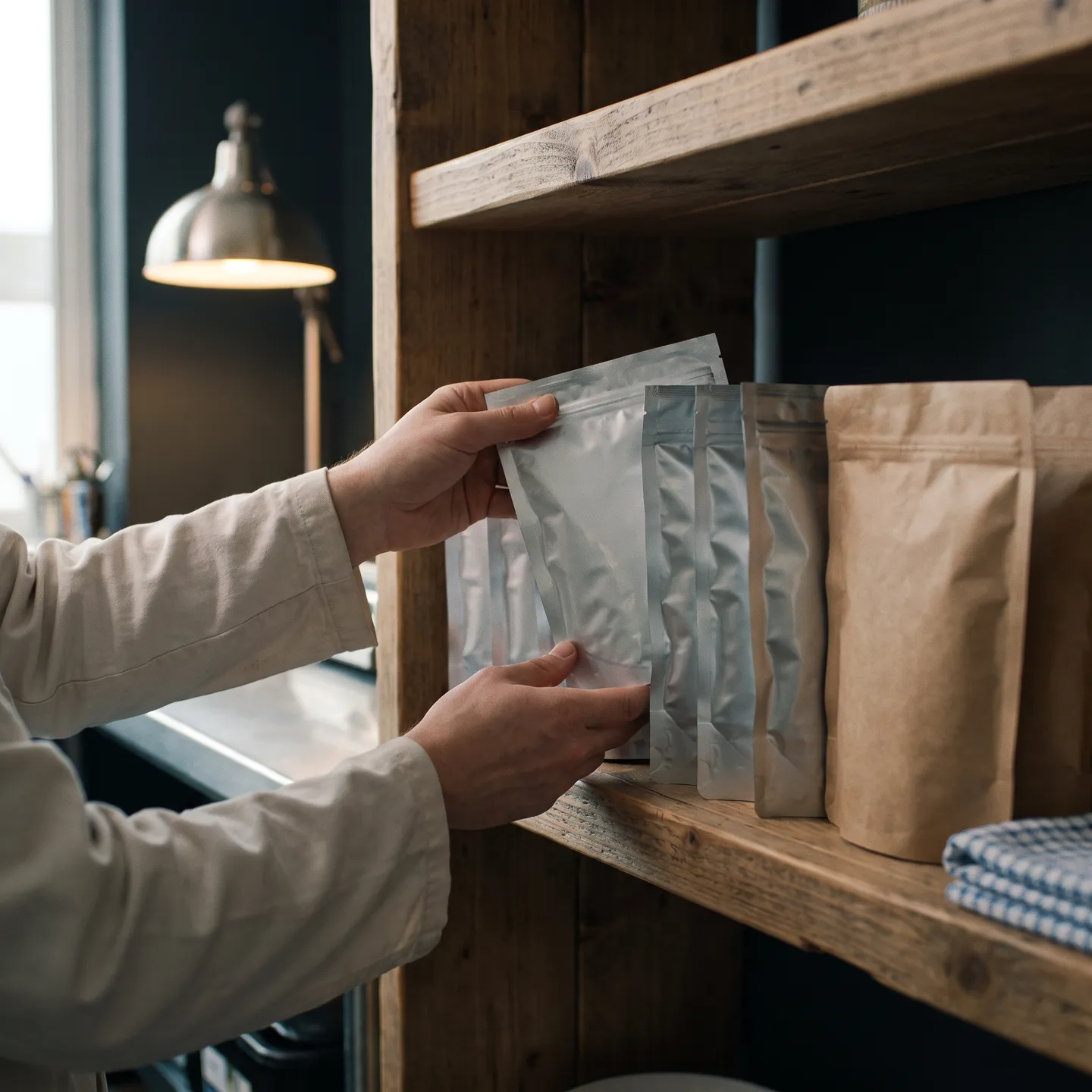 Hands placing a sealed pouch on a pantry shelf beside a row of pouches