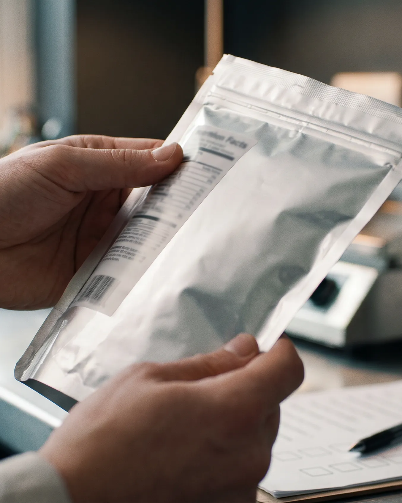 Hands reading the ingredient panel of a food pouch under window light